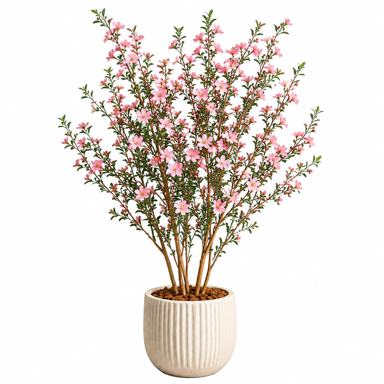 Arbre artificiel fleuri 140 cm rose et vert en plastique avec pot décoratif pour intérieur