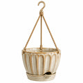 Pot de fleurs suspendu 17 cm en céramique beige avec corde style rustique