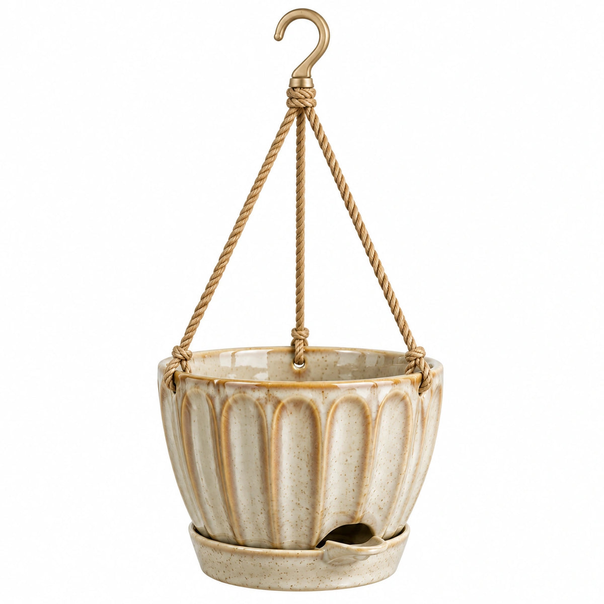 Pot de fleurs suspendu 17 cm en céramique beige avec corde style rustique