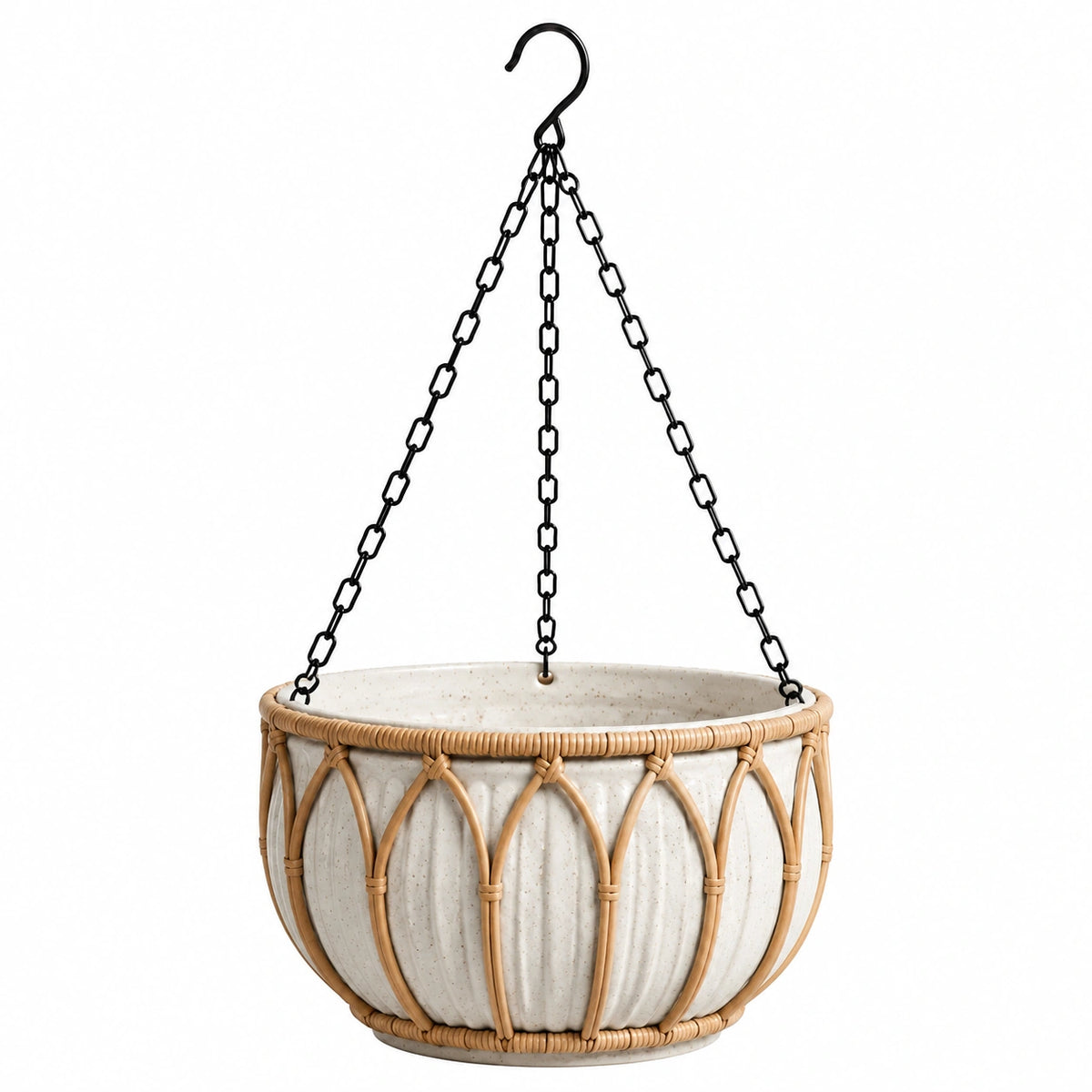 Jardinière suspendue diamètre 30 cm en céramique et rotin beige pour plantes
