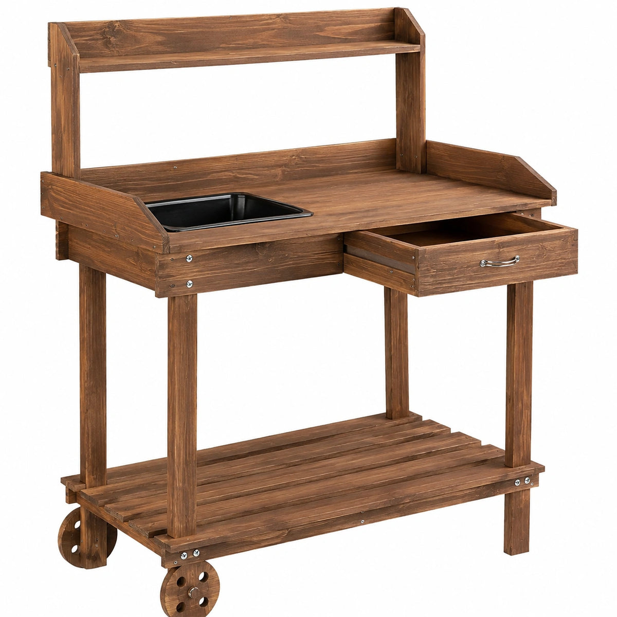 Table de jardinage 120 x 60 x 150 cm en bois marron avec bac et tiroir mobile