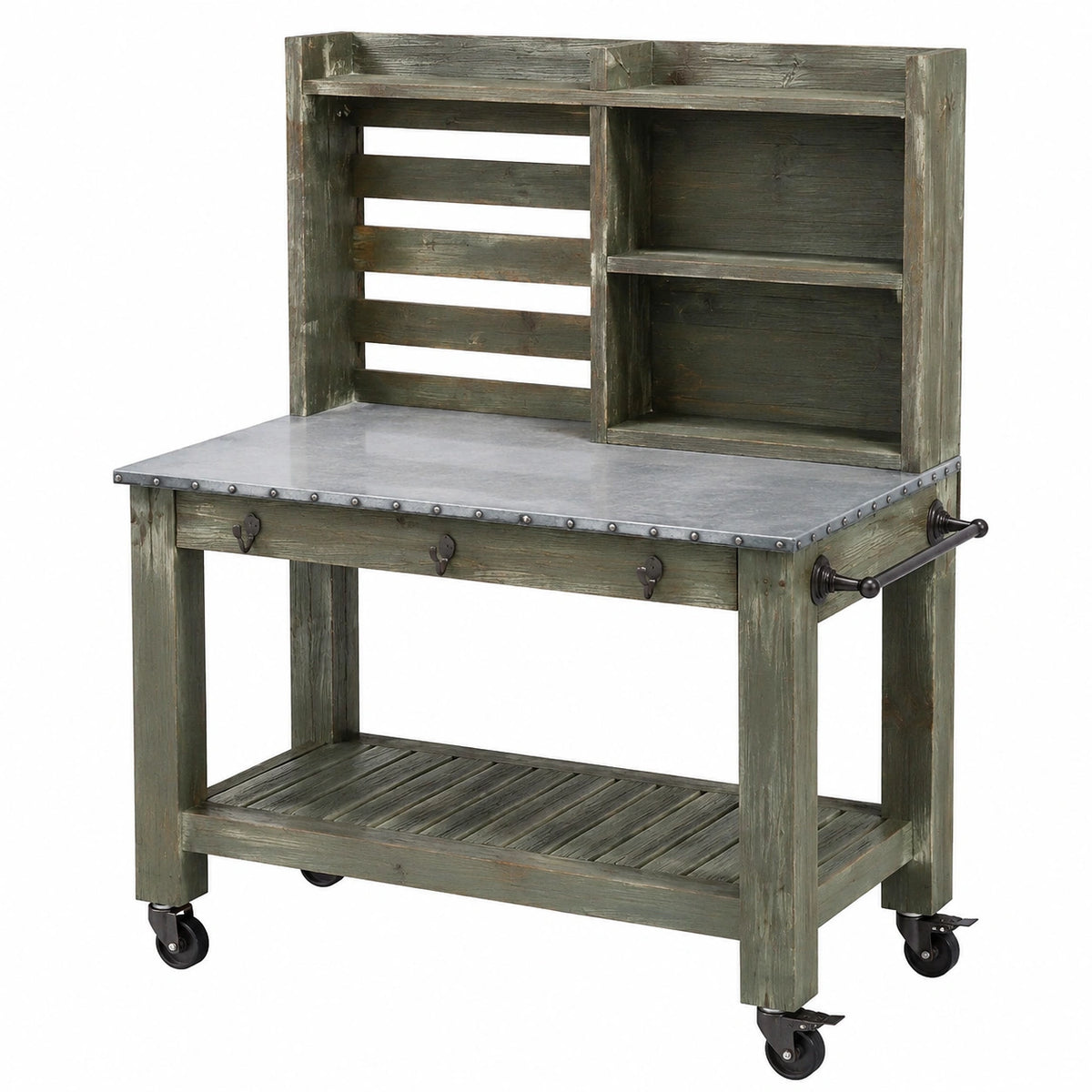 Table de rempotage 120 x 55 x 165 cm en bois vert avec plateau métallique et roulettes