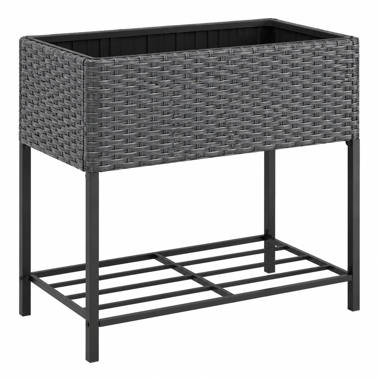 Bac à plantes surélevé 100 x 40 x 80 cm en résine tressée gris avec étagère de rangement pour extérieur