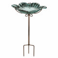 Bain d'oiseaux sur pied 35 cm en verre vert et métal à planter décoratif