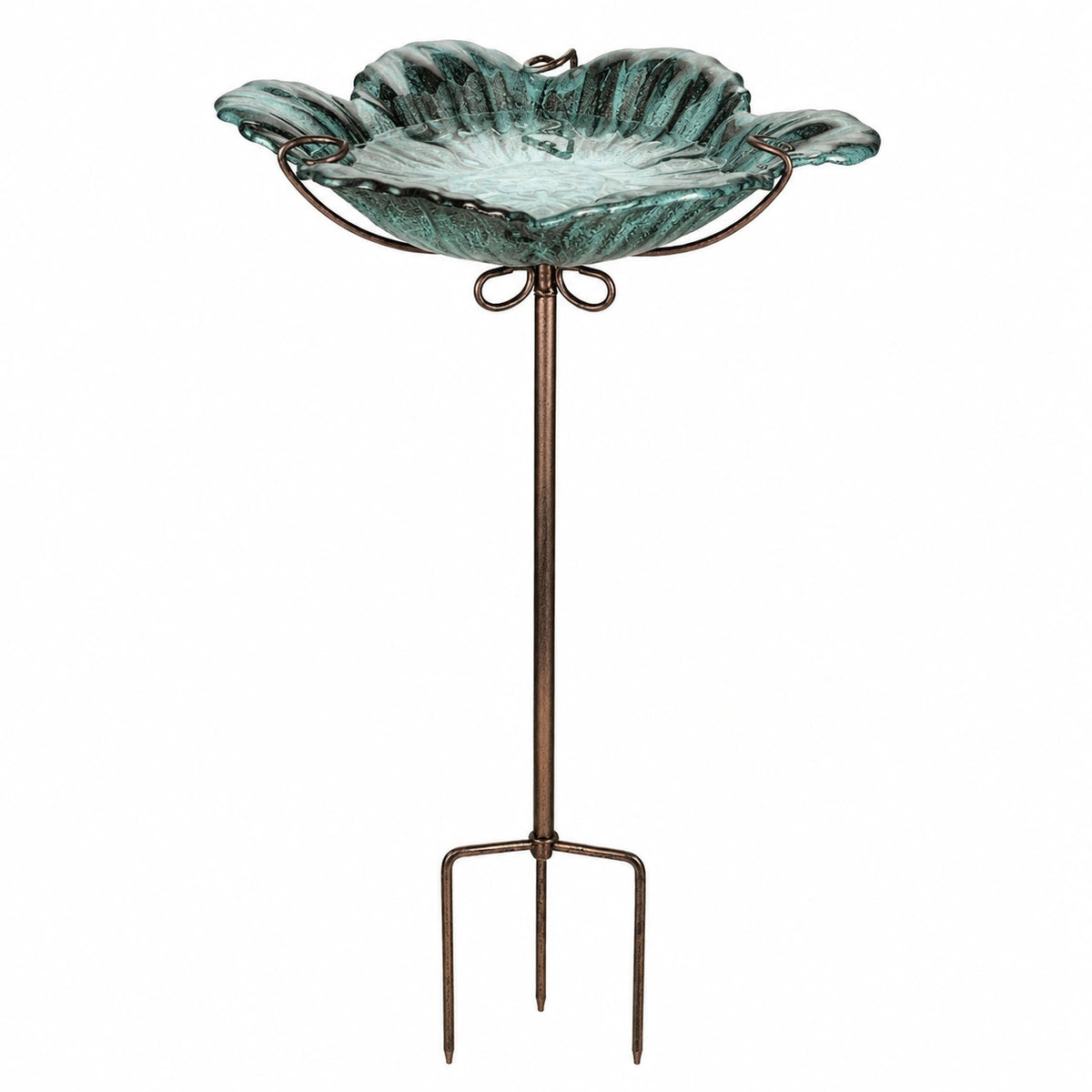 Bain d'oiseaux sur pied 35 cm en verre vert et métal à planter décoratif