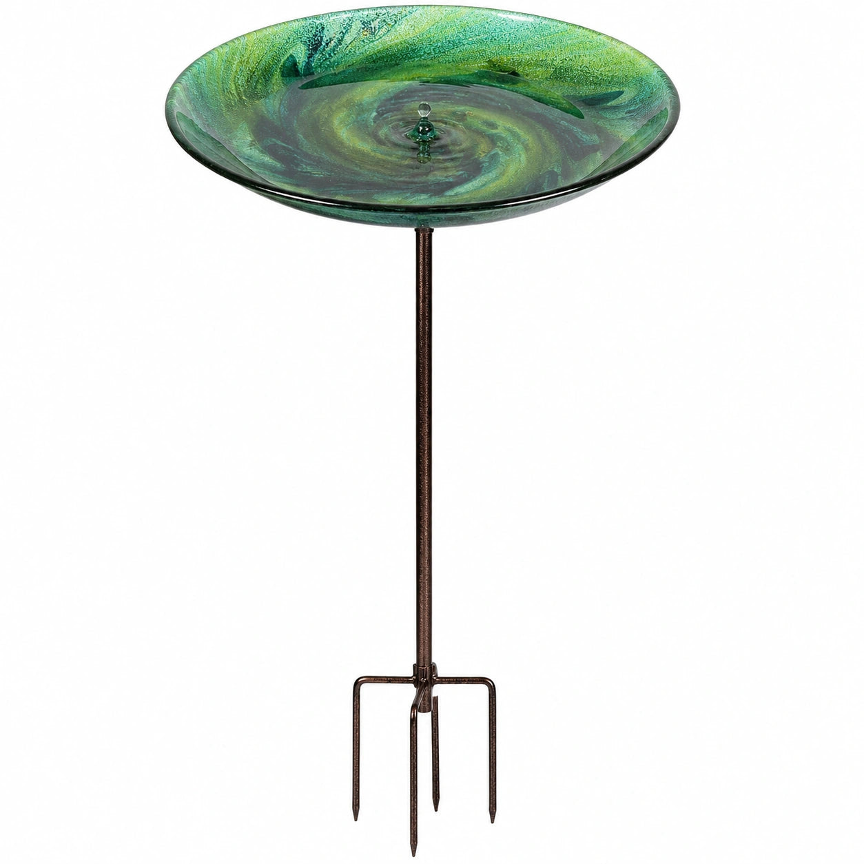 Bain d'oiseaux sur pied Ø 45 cm en verre vert avec support métallique pour jardin