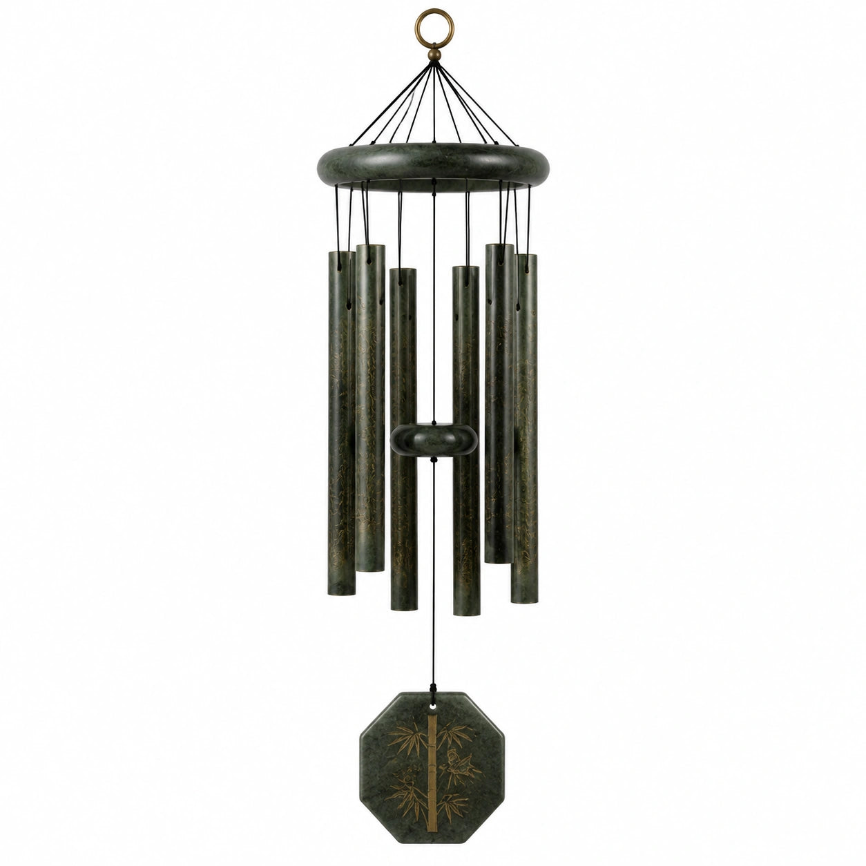 Carillon éolien 85 cm en métal vert foncé décor bambou suspension sonore