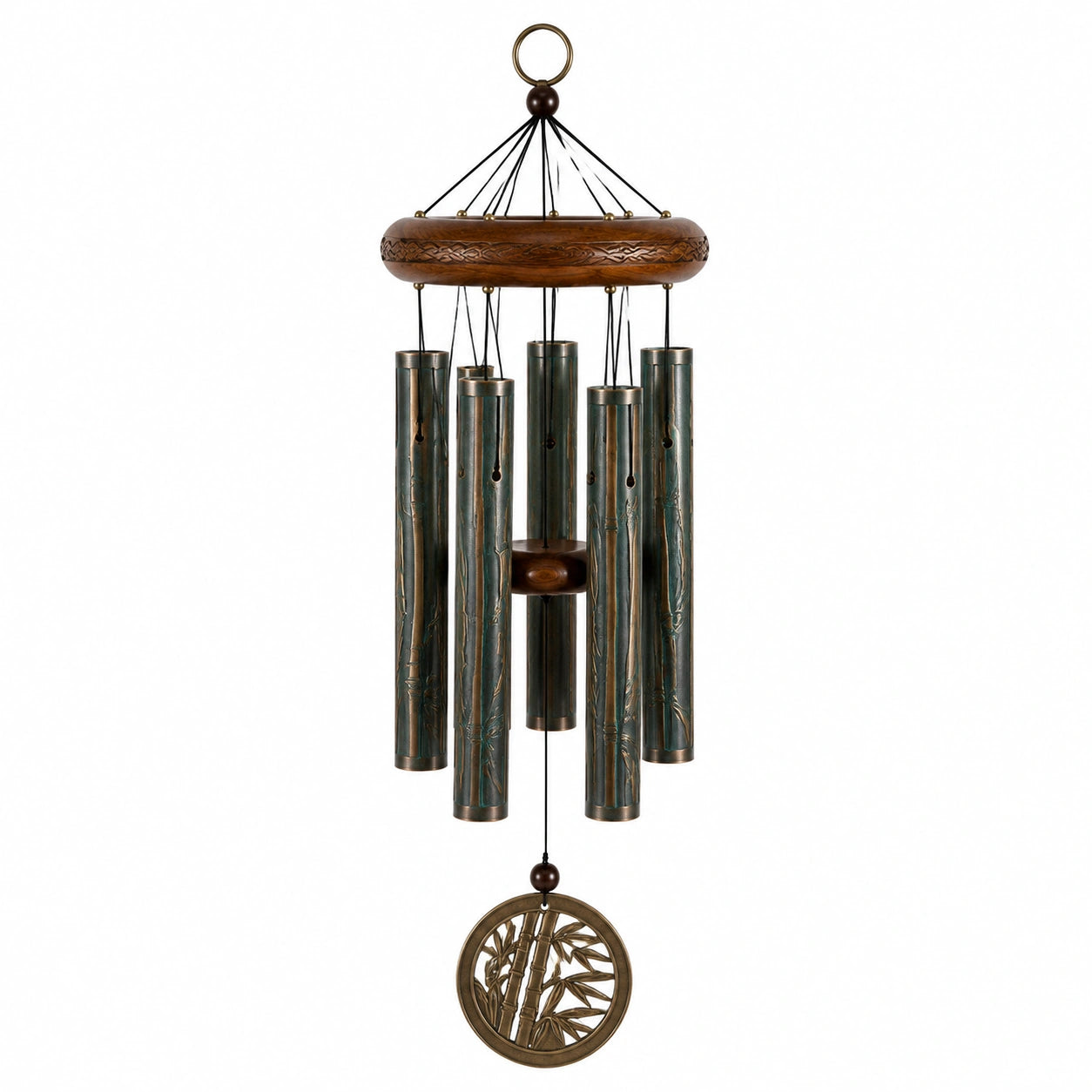 Carillon éolien 70 cm en métal et bois brun style bambou décoratif suspendu