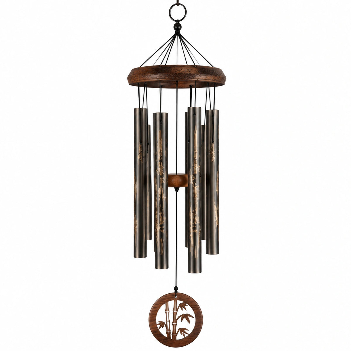 Carillon éolien 90 cm en métal brun noir et bois décor bambou suspendu