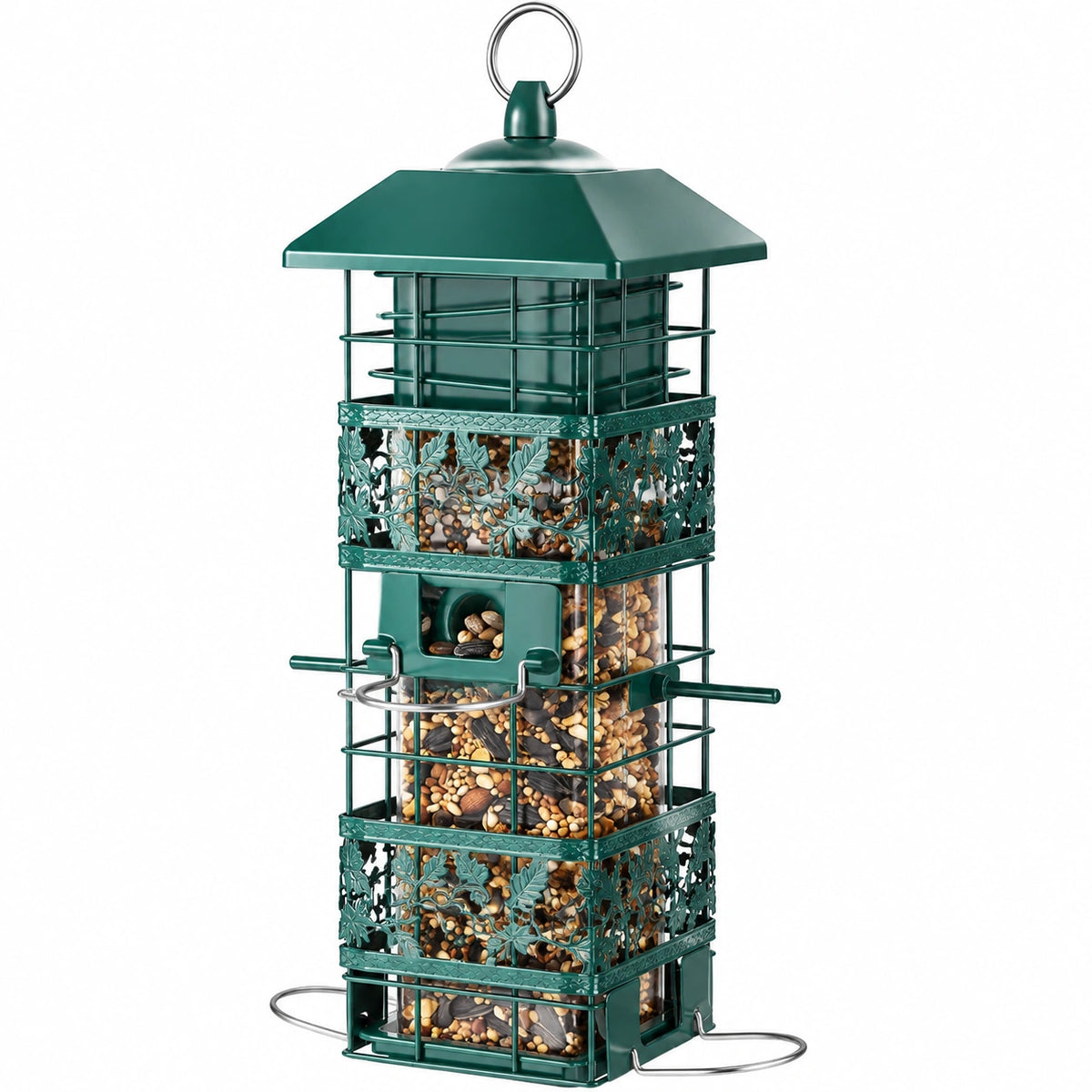 Mangeoire à oiseaux 24 x 24 x 45 cm en métal vert suspendue avec distributeur de graines