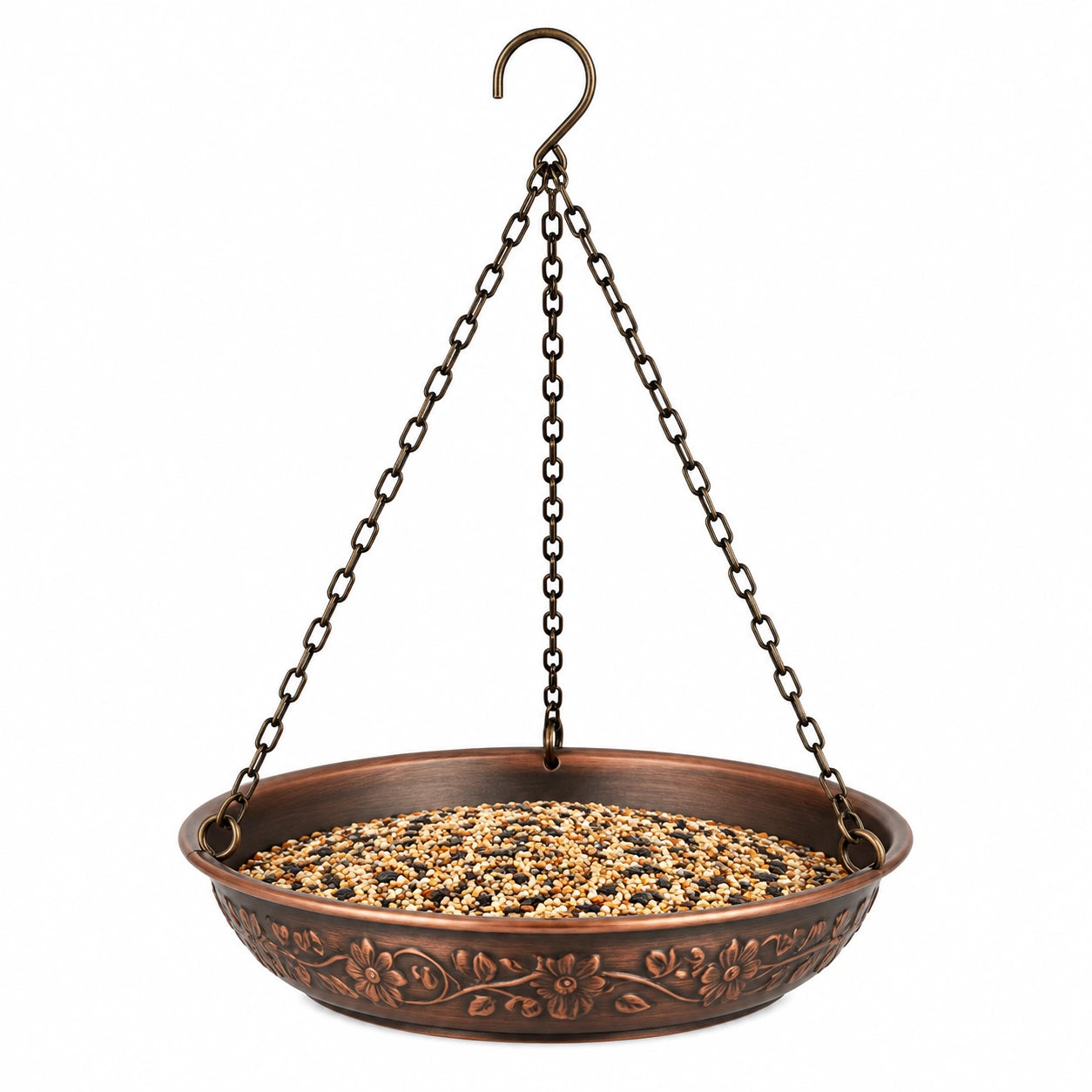 Mangeoire à oiseaux suspendue diamètre 30 cm en métal cuivre antique décor floral