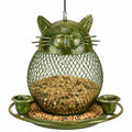 Mangeoire à oiseaux suspendue 25 cm métal vert motif chat
