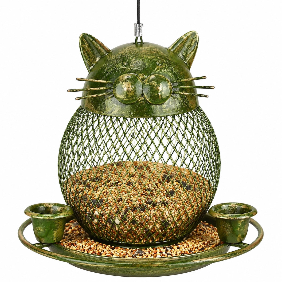 Mangeoire à oiseaux suspendue 25 cm métal vert motif chat