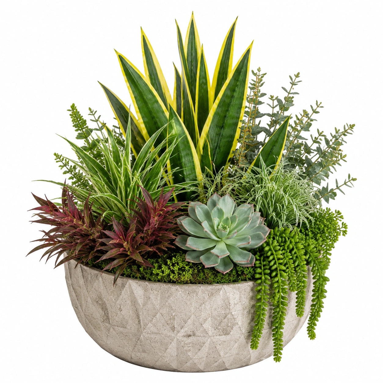 Plante artificielle en pot 65 cm feuillage vert et jaune avec pot effet pierre décoratif